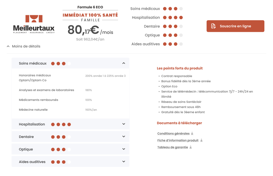 Exemple de l'interface du comparateur de mutuelle de Meilleurtaux Santé